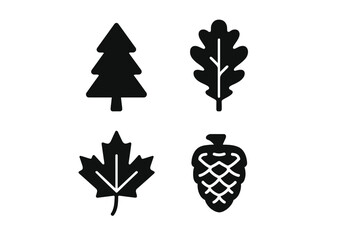 Tree Species Icons Solid Filled Vector Set with Pine Tree, Oak Leaf, Maple Leaf, Birch Bark, Fir Cone, Nature Symbols, Botanical Identification, Forest Elements