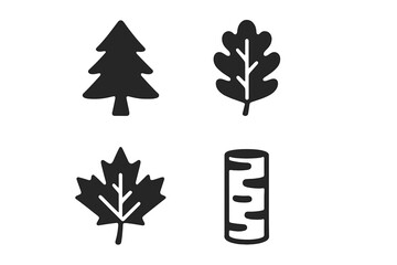 Tree Species Icons Vector Set, Solid Filled Pine Tree, Oak Leaf, Maple Leaf, Birch Bark, Fir Cone, Detailed Tree Identification Symbols, Vector Cartoon Illustrations