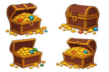 Treasure chests overflowing with gold coins and colorful gemstones, digital cartoon vector illustration symbolizing wealth, treasure hunt, adventure, and fantasy riches