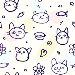 Cat faces doodles - seamless pattern.