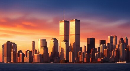 City Skyline with Twin Towers at Sunset in Modern Urban Landscape