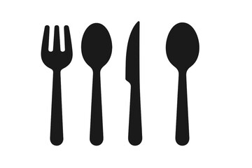 Utensil icon grid solid filled set with eating and serving utensils including salad fork, soup spoon, steak knife, serving spoon, vector cartoon illustration