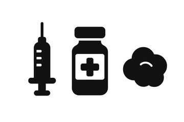 Vaccination Tools Icons Set, Solid Filled Injection Syringe, Vaccine Vial and Cotton Ball Vector Cartoon Illustration for Medical and Healthcare Design