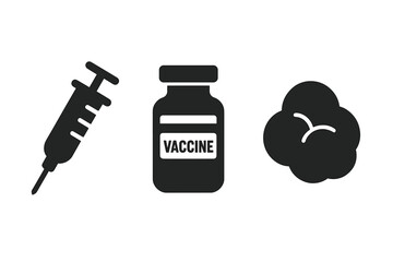 Vaccination Tools Icons Set, Solid Filled Vector of Injection Syringe, Vaccine Vial, Cotton Ball, Medical Immunization Process Illustration, Healthcare Symbol