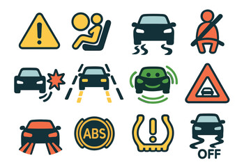 Various Car Safety and Warning Symbols Vector Set for Driver Assistance and Vehicle Safety Guidance, Includes Airbag, Seatbelt, ABS, Tire Pressure, Lane Assist, Traction Control