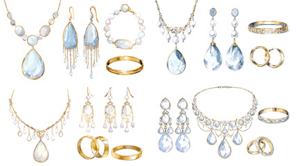 Watercolor illustration set of elegant jewelry with necklaces, rings, earrings, and bracelets, perfect for fashion, luxury, and wedding design projects.