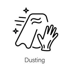 An icon depicts a hand wiping a dust cloth with sparkles. Editable stroke. Icon vector illustration