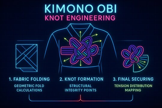 Neon Obi Knot Engineering Diagram Showing Tension and Structure for Cultural Fashion and Design