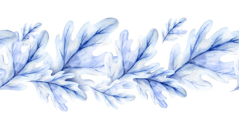 watercolor blue oak leaves, branches, nature, winter seamless border, hand drawn sketch of forest seasons decorated, Christmas event, party pattern, botany illustration for card decoration
