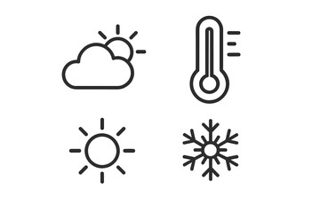 Temperature and weather icon set, climate symbols with thermometer, sun, snowflake, and seasonal elements, linear style vector illustration, transparent background, ordered collection