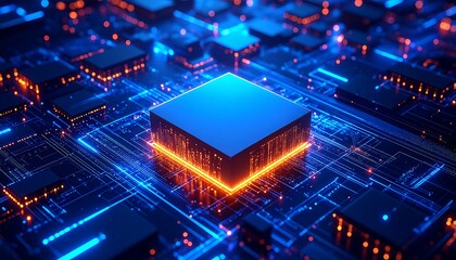 Abstract computer circuit with glowing central square