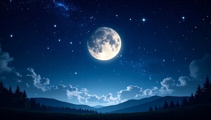 Naklejka premium Nighttime landscape with moonlit mountains