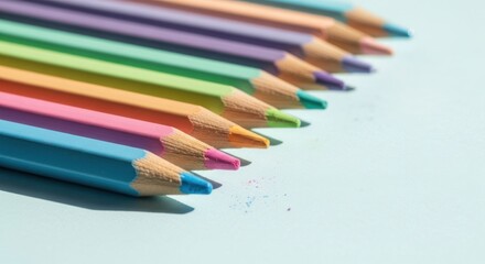 Fototapeta premium Pastel colored pencils in a row on light blue surface, shadows