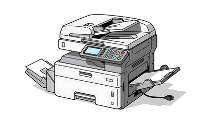 Isometric Multifunction Printer Illustration with ADF and Paper Trays Clean Vector Style.