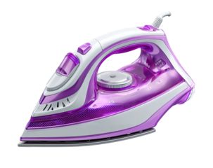 Purple and white electric iron, angled view.  Modern,  transparent,  and  functional design