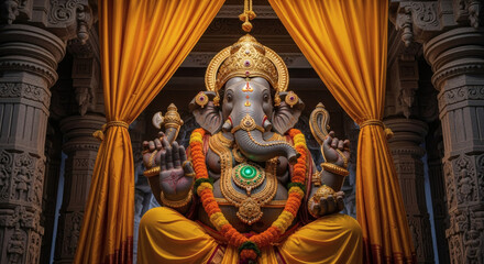 Obraz premium A large statue of Lord Ganesha sitting between golden curtains in a temple with intricate carvings and a vibrant orange garland.