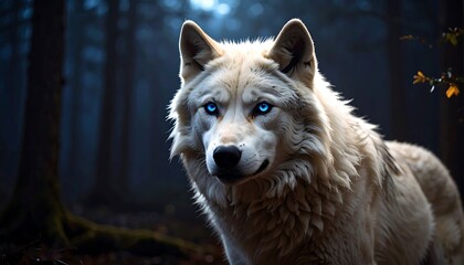 Obraz premium White Wolf with Intense Blue Eyes in a Dark Forest