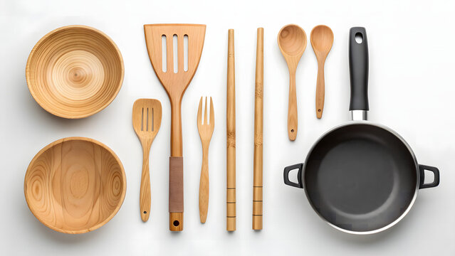 Top view flat lay of assorted wooden kitchen utensils and cooking pan on white surface