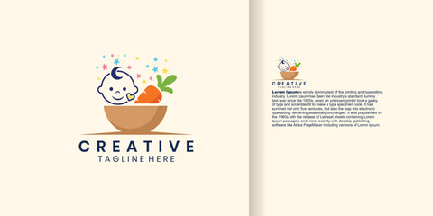 A cute baby face peeking out of a bowl of baby food with carrots and colorful sprinkles.