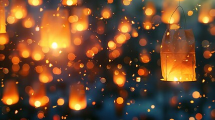 Many glowing paper lanterns are floating in the night sky during festival