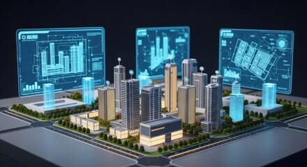 Futuristic City Model with Digital Data Visualizations and Skyscrapers in Modern Technology Environment