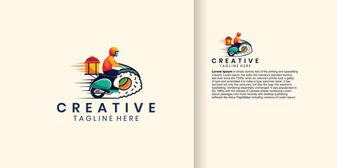 Creative logo design featuring a person riding a scooter shaped like a sushi roll, delivering food with lanterns.