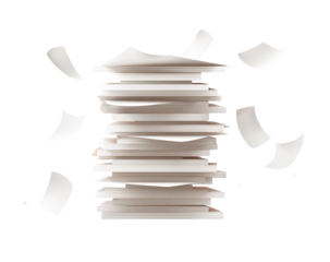 A stack of papers, seemingly collapsing, with many sheets flying off