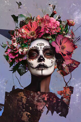 Colorful sugar skull woman portrait with floral face paint, Dia de los Muertos inspired artistic collage with vibrant flowers, abstract textures, and surreal fantasy design