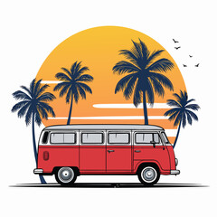 Vintage Bus and Palm Trees Against Sunset, A Nostalgic Escape to Paradise