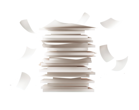 A stack of papers, seemingly collapsing, with many sheets flying off