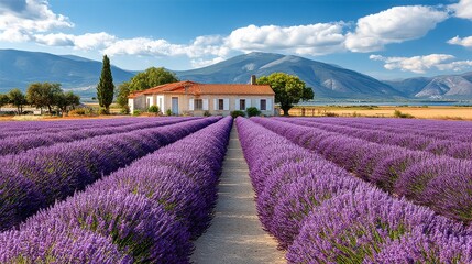 Tranquil lavender field with farmhouse under a bright sunny sky