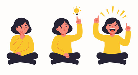 Concept of a great idea, brainstorming. woman thinking and looking for answer, hand gesture, index finger up. Solution of the problem, right decision, Eureka. 2d character animation
