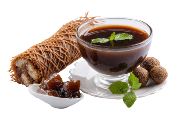 Sweet roll, dark drink, and jelly.  A light brown swiss roll beside a dark, viscous drink in a glass bowl.  Small, dark cubes of jelly and fresh mint leaves are also present