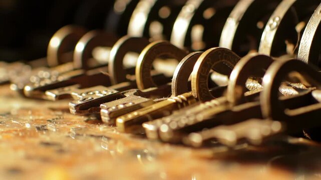 Close-up of antique keys in a row, security, lock, and metal with selective focus.