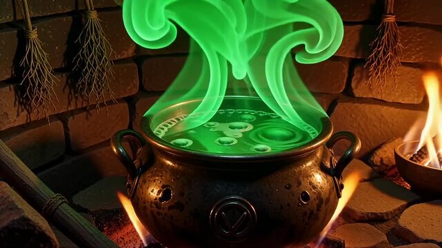 Mysterious green potion bubbles and steams in a cauldron over a crackling fire