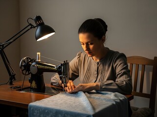 Humble seamstress works silently with fabric at sewing machine, empty table surrounding her, hair tied back neatly, hands moving patiently in plain room