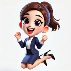 A 3D-rendered cartoon-style character of a joyful businesswoman with a neatly styled ponytail and a confident smile
