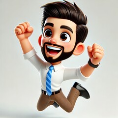 A 3D-rendered cartoon-style character of a joyful businessman with a neatly trimmed beard and slicked-back dark hair