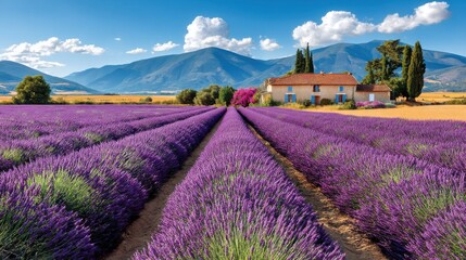 Obraz premium Lavender fields in full bloom with a rustic house under a sunny sky