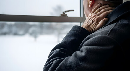 Man Wearing Dark Coat Looking Out Window in Snowy Winter Scene