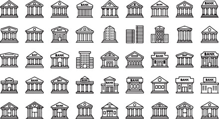 Collection of line art bank and government building icons representing finance and civic institutions vector