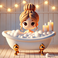 A 3D-rendered cartoon-style illustration of a woman with light brown hair tied in a bun, relaxing in a luxurious white clawfoot bathtub