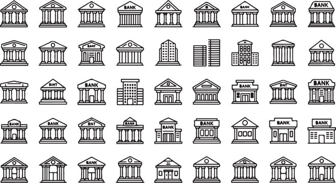 Collection of line art bank and government building icons representing finance and civic institutions vector