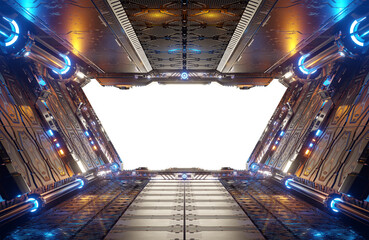 Metallic spaceship interior with isolated cut out transparent window. Glossy starship corridor with blue and orange glowing lights. 3D rendering © sdecoret