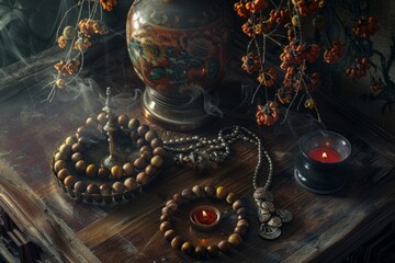 Contemplative and symbolic composition featuring religious artifacts, the symbolism and significance associated with each item, such as prayer, incense, or ritualistic objects