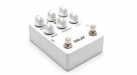 A white delay guitar pedal with six knobs and two footswitches on a white background surface ai generated