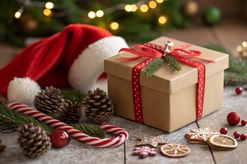 Christmas gift box with santa hat, candy canes and pine cones on wooden table