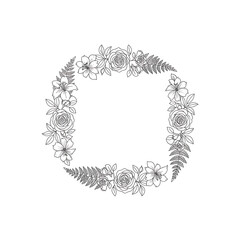 Ornate floral wreath design in black and white.