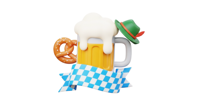 A 3D-rendered beer mug with a foam head, a green hat, and a pretzel on a blue and white checkered background.