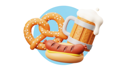 A cartoon beer mug with a frothy white head and a pretzel on a blue background.